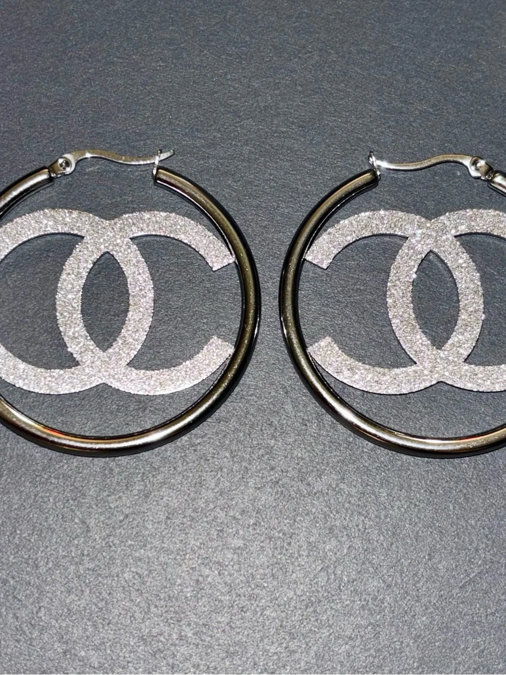 Fashion Jewelry Silver Glitter Interlocking Logo Hoop Earrings - Women Jewelry